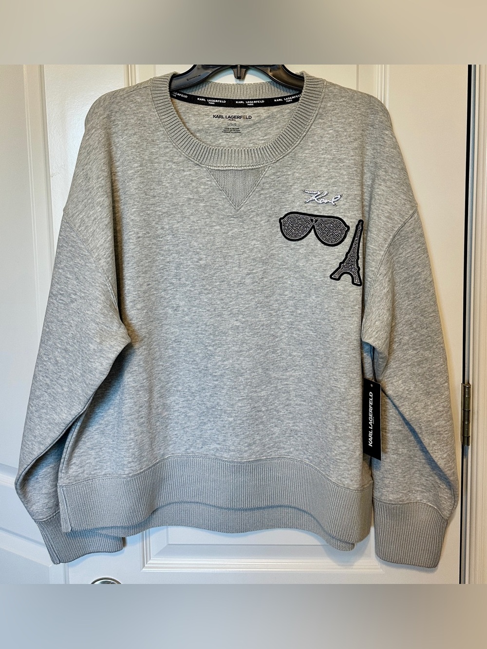 Karl Lagerfeld Paris Rhinestone Sweatshirt Gray Eiffel Tower NWT Large